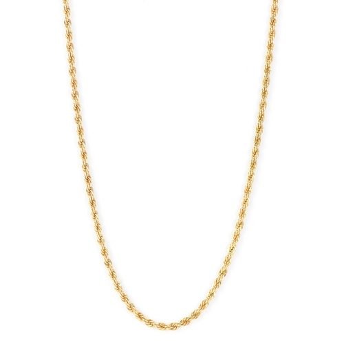 176 - A yellow gold rope twist chain necklace having a bolt ring clasp, unmarked, tests as 18ct, 49.5cm, 1... 