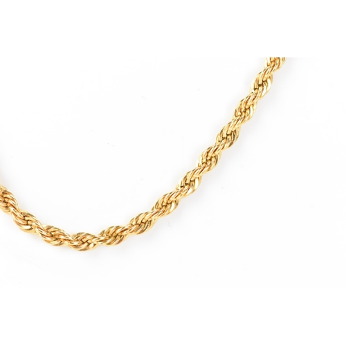 176 - A yellow gold rope twist chain necklace having a bolt ring clasp, unmarked, tests as 18ct, 49.5cm, 1... 