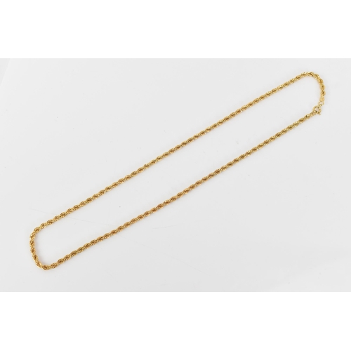 176 - A yellow gold rope twist chain necklace having a bolt ring clasp, unmarked, tests as 18ct, 49.5cm, 1... 