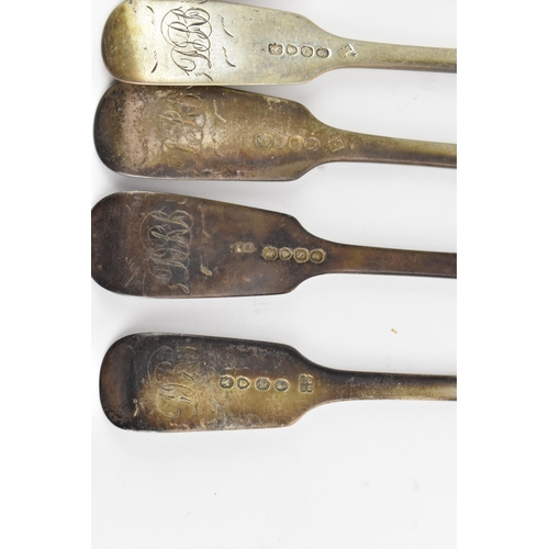 18 - Six 19th century silver table forks, with various makers marks and date letters, each in the fiddle ... 