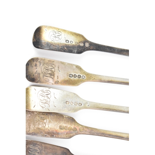 18 - Six 19th century silver table forks, with various makers marks and date letters, each in the fiddle ... 