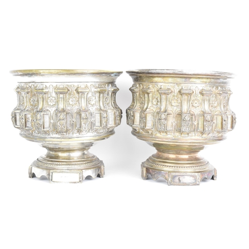 200 - A pair of late 19th/early 20th century silver plated continental jardinieres, each embossed with rep... 