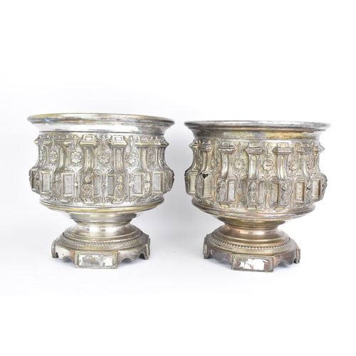 200 - A pair of late 19th/early 20th century silver plated continental jardinieres, each embossed with rep... 