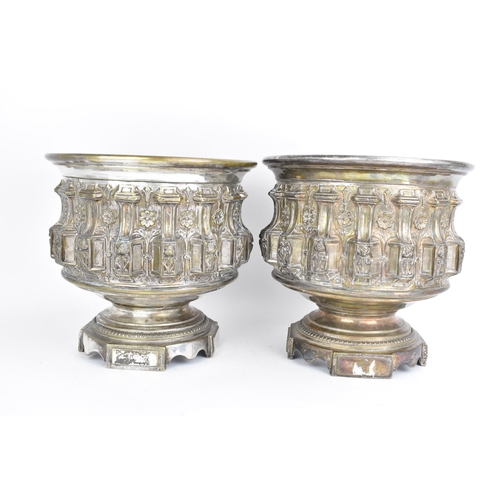 200 - A pair of late 19th/early 20th century silver plated continental jardinieres, each embossed with rep... 