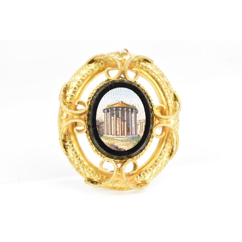 202 - A 19th century yellow metal (tested as 18ct) grand tour micro mosaic brooch, the oval mosaic depicti... 