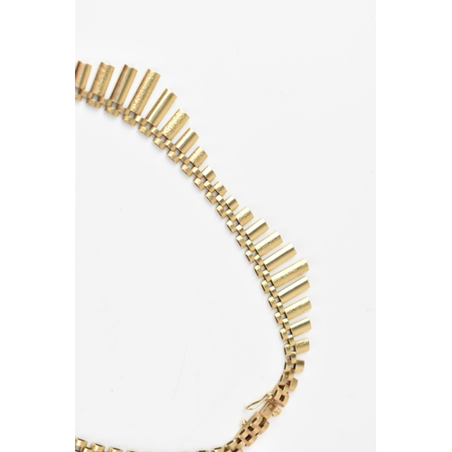 206 - A 9ct gold Cleopatra style fringe necklace, having graduated elliptical bars and an open box clasp, ... 