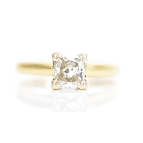 214 - An 18ct gold diamond engagement ring, the princess cut diamond approx 1ct, 5.6mm x 5.1mm, approx col... 