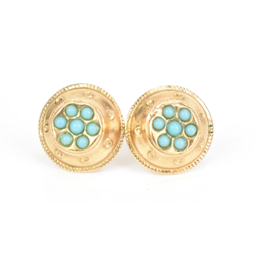 228 - A pair of Victorian Etruscan revival 9ct gold earrings, each of circular form inset with a cluster o... 