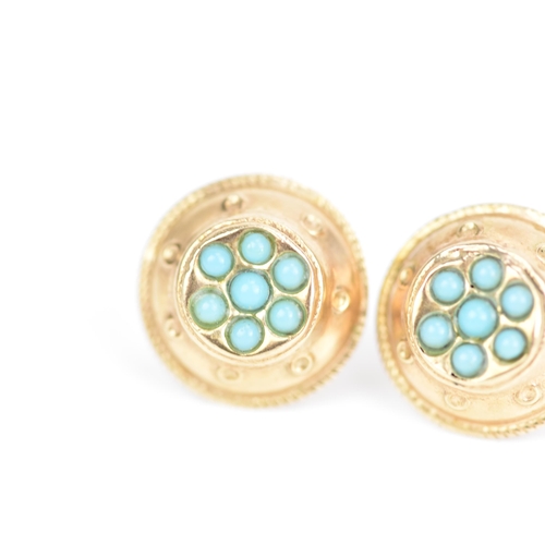 228 - A pair of Victorian Etruscan revival 9ct gold earrings, each of circular form inset with a cluster o... 