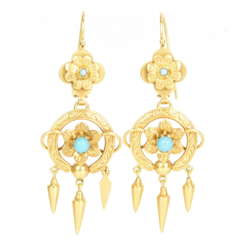 230 - A pair of Victorian Etruscan style yellow metal earrings, each having three drops suspended by circu... 