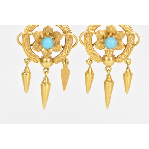 230 - A pair of Victorian Etruscan style yellow metal earrings, each having three drops suspended by circu... 