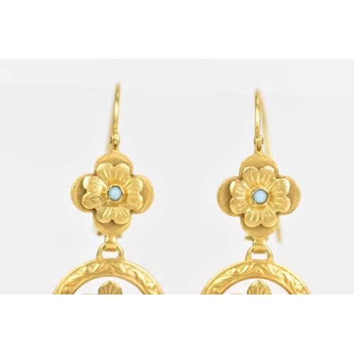 230 - A pair of Victorian Etruscan style yellow metal earrings, each having three drops suspended by circu... 