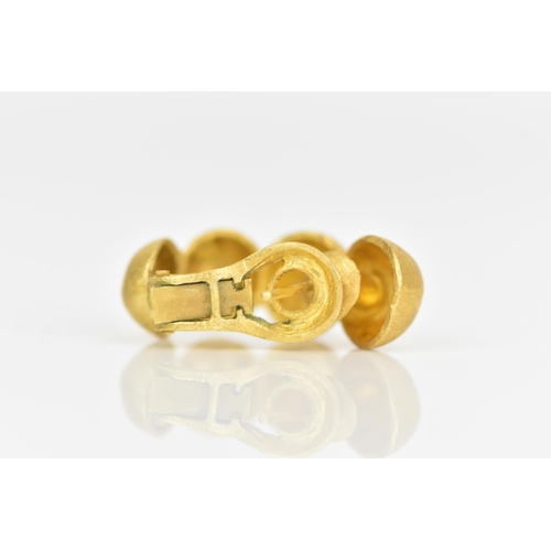 231 - A pair of 18ct yellow gold earrings, each designed as four graduated beads with lever backs, stamped... 