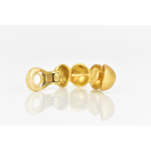 231 - A pair of 18ct yellow gold earrings, each designed as four graduated beads with lever backs, stamped... 