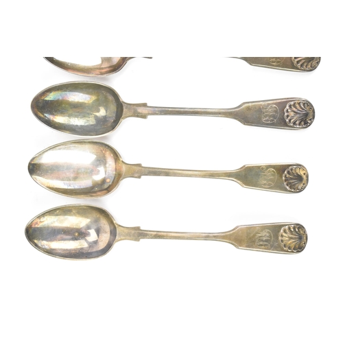 30 - Six 19th century fiddle, thread & shell pattern teaspoons, with various makers marks and date letter... 