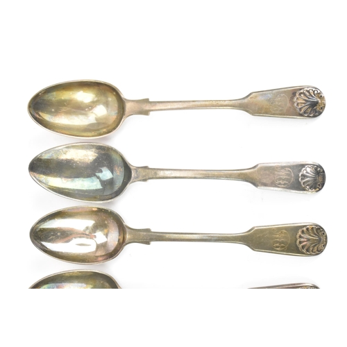 30 - Six 19th century fiddle, thread & shell pattern teaspoons, with various makers marks and date letter... 