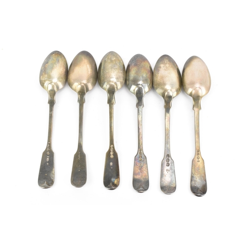 30 - Six 19th century fiddle, thread & shell pattern teaspoons, with various makers marks and date letter... 