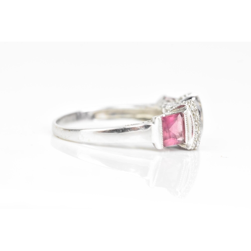 63 - A 14ct white gold amethyst and pink tourmaline dress ring, the cushion square cut amethyst 6.8mm wit... 