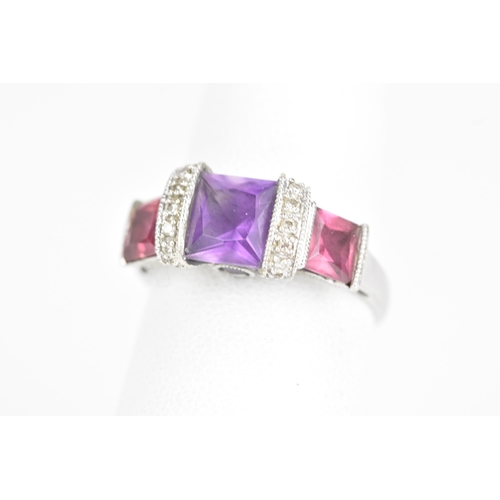 63 - A 14ct white gold amethyst and pink tourmaline dress ring, the cushion square cut amethyst 6.8mm wit... 