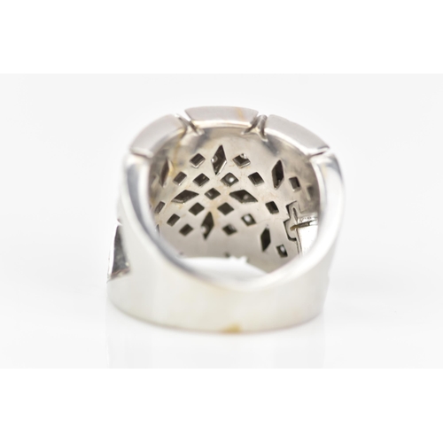 67 - A white gold diamond dress ring, tests at 18ct, set with approximately 117 diamonds with lozenges an... 