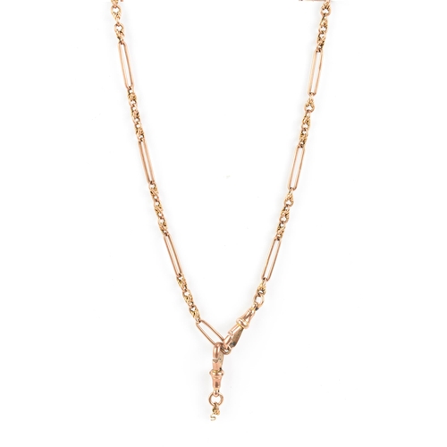 72 - A late 19th/early 20th century 9ct rose gold pocket watch chain, together with two 9ct gold dog clip... 