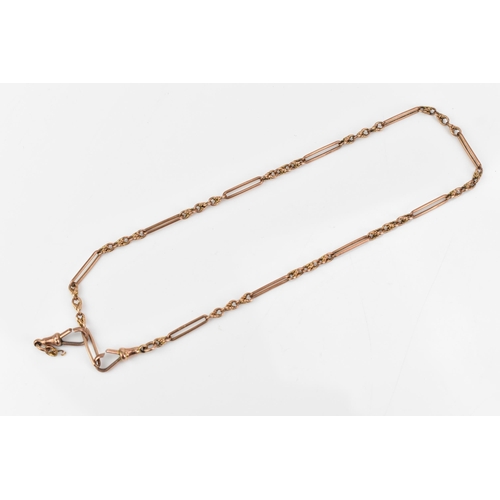 72 - A late 19th/early 20th century 9ct rose gold pocket watch chain, together with two 9ct gold dog clip... 