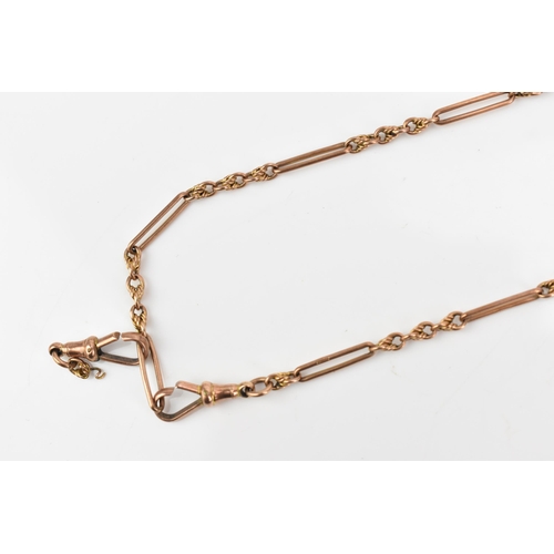 72 - A late 19th/early 20th century 9ct rose gold pocket watch chain, together with two 9ct gold dog clip... 