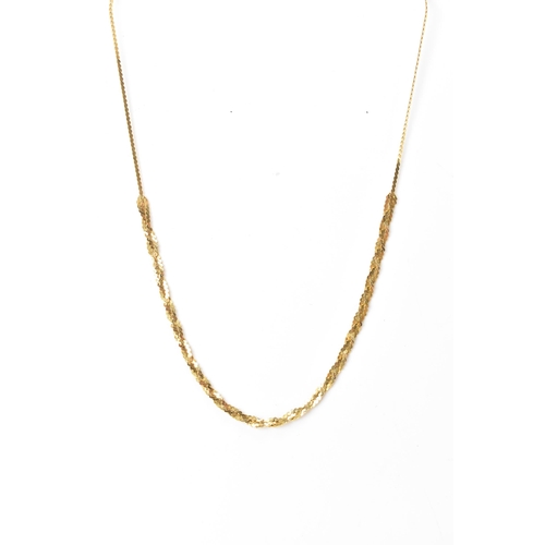 73 - An 18ct gold serpentine chain, having single strand to either end linked to strands of three entwine... 