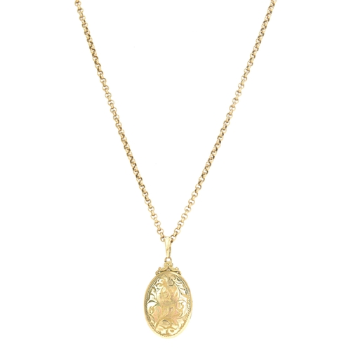 93 - A 9ct gold belcher chain link necklace and gold plated locket, the locket engraved with initials to ... 