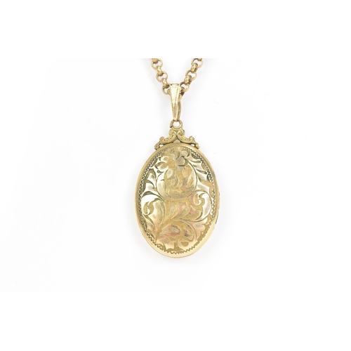 93 - A 9ct gold belcher chain link necklace and gold plated locket, the locket engraved with initials to ... 