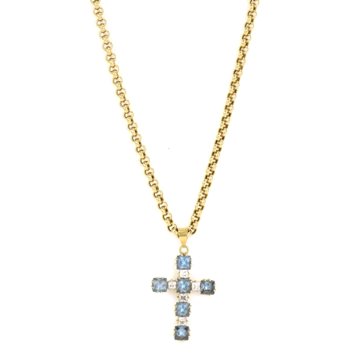 94 - An 18ct yellow gold belcher chain link necklace and cross pendant, the pendant having six blue topaz... 