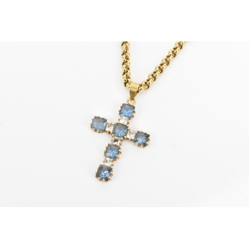 94 - An 18ct yellow gold belcher chain link necklace and cross pendant, the pendant having six blue topaz... 