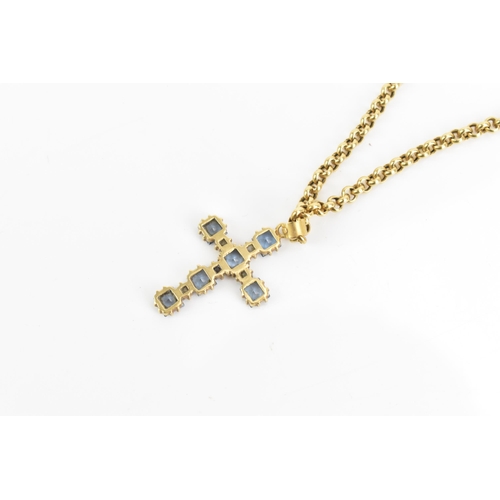 94 - An 18ct yellow gold belcher chain link necklace and cross pendant, the pendant having six blue topaz... 