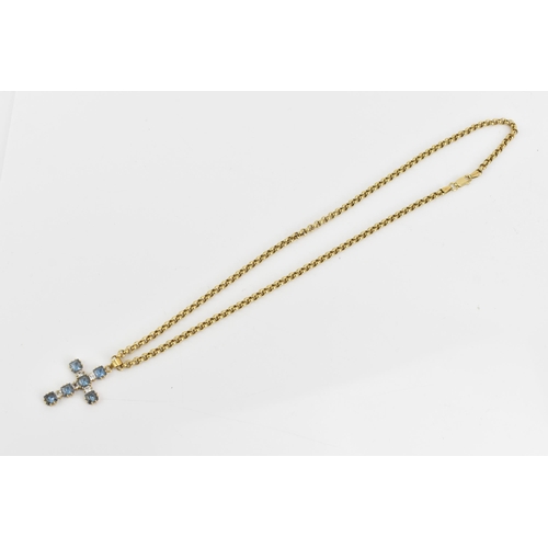 94 - An 18ct yellow gold belcher chain link necklace and cross pendant, the pendant having six blue topaz... 