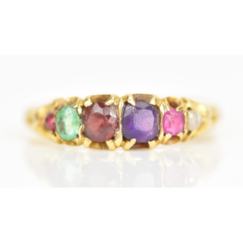 96 - A Victorian 18ct gold regard ring, graduated row of stones comprising of ruby, emerald, garnet, amet... 