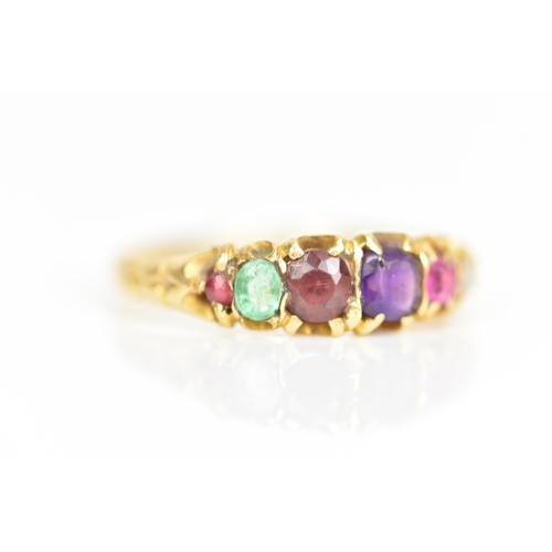 96 - A Victorian 18ct gold regard ring, graduated row of stones comprising of ruby, emerald, garnet, amet... 