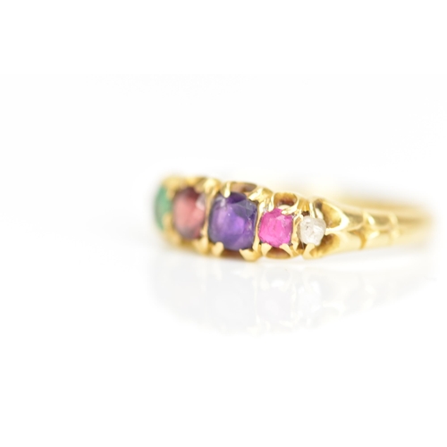 96 - A Victorian 18ct gold regard ring, graduated row of stones comprising of ruby, emerald, garnet, amet... 