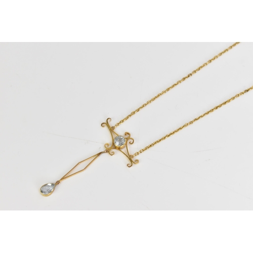 227 - An Edwardian 15ct gold aquamarine necklace, the pendant having a brilliant cut aquamarine, 5.5mm, se... 