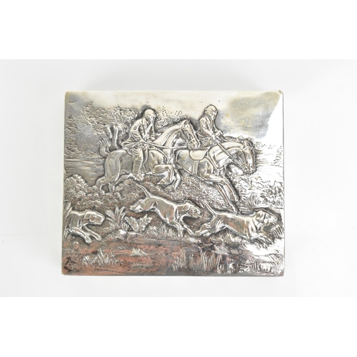 248 - A late 19th/early 20th century German 800 silver box, embossed with a hunting scene to the lid depic... 