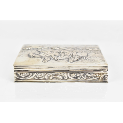 248 - A late 19th/early 20th century German 800 silver box, embossed with a hunting scene to the lid depic... 