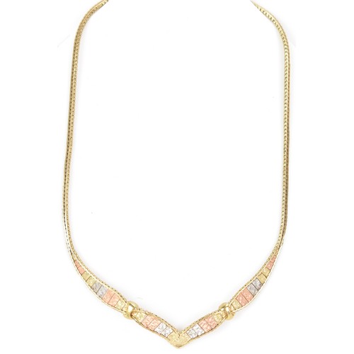 81 - A 9ct gold tri-coloured brick link choker necklace with a bracelet catch clasp, stamped 9KT 375, 41c... 