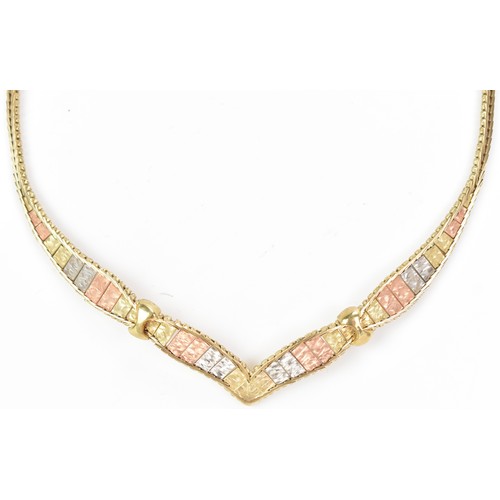 81 - A 9ct gold tri-coloured brick link choker necklace with a bracelet catch clasp, stamped 9KT 375, 41c... 