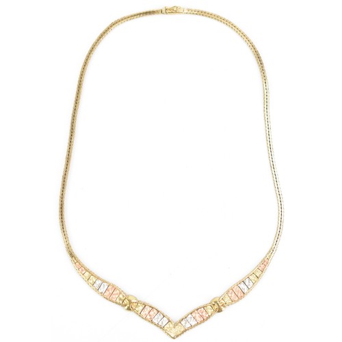 81 - A 9ct gold tri-coloured brick link choker necklace with a bracelet catch clasp, stamped 9KT 375, 41c... 