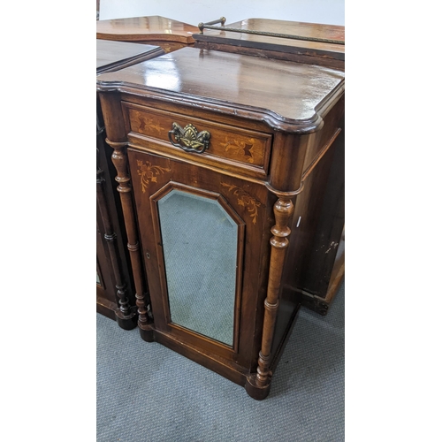 233 - A pair of Victorian marquetry inlaid cabinets having a single door above a mirrored door, 91h x 51.5... 