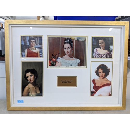 23 - An Elizabeth Taylor signed picture along with four of unsigned pictures mounted together in a frame.... 