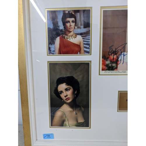 23 - An Elizabeth Taylor signed picture along with four of unsigned pictures mounted together in a frame.... 