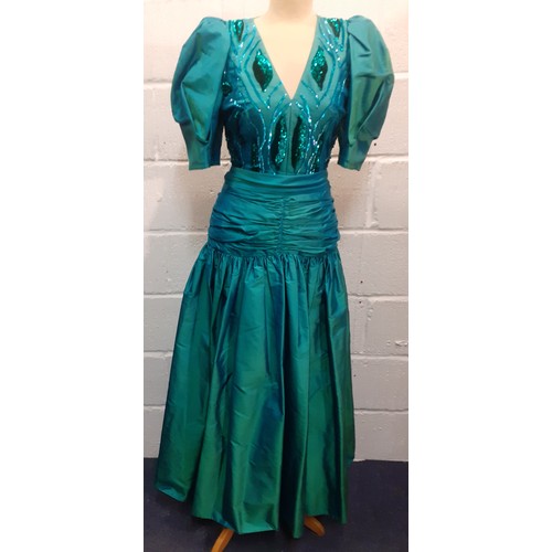 53 - Christina Stambolian, Greek Designer- A 1980's green taffeta silk, made in Paris, a full length gown... 