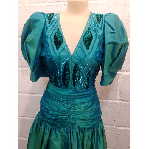 53 - Christina Stambolian, Greek Designer- A 1980's green taffeta silk, made in Paris, a full length gown... 