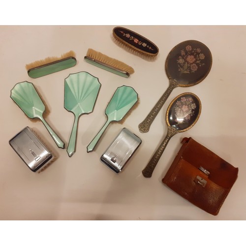 81 - An Art Deco 5 piece silver and green Guilloche enamelled dressing table brush and mirror set A/F, ma... 