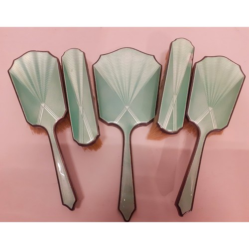 81 - An Art Deco 5 piece silver and green Guilloche enamelled dressing table brush and mirror set A/F, ma... 